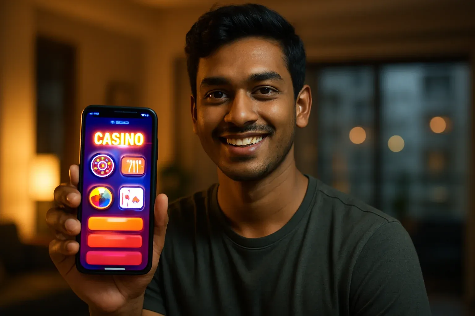 Young Bangladeshi man holding smartphone showing colorful casino app interface