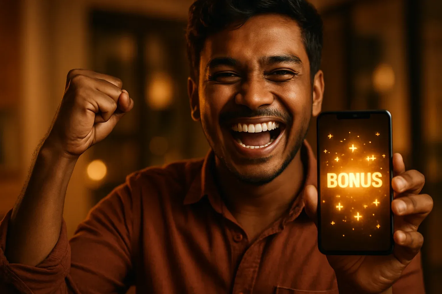 Joyful Bangladeshi man holding smartphone with glowing bonus notification screen