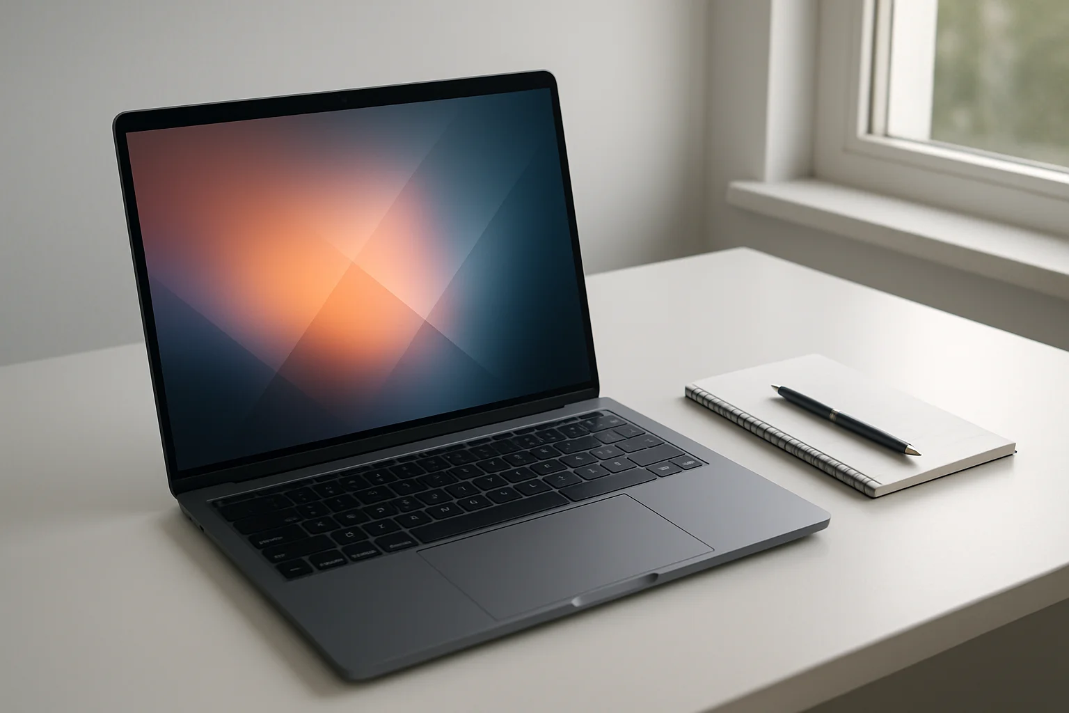 Modern laptop on white desk with pen and notepad in daylight
