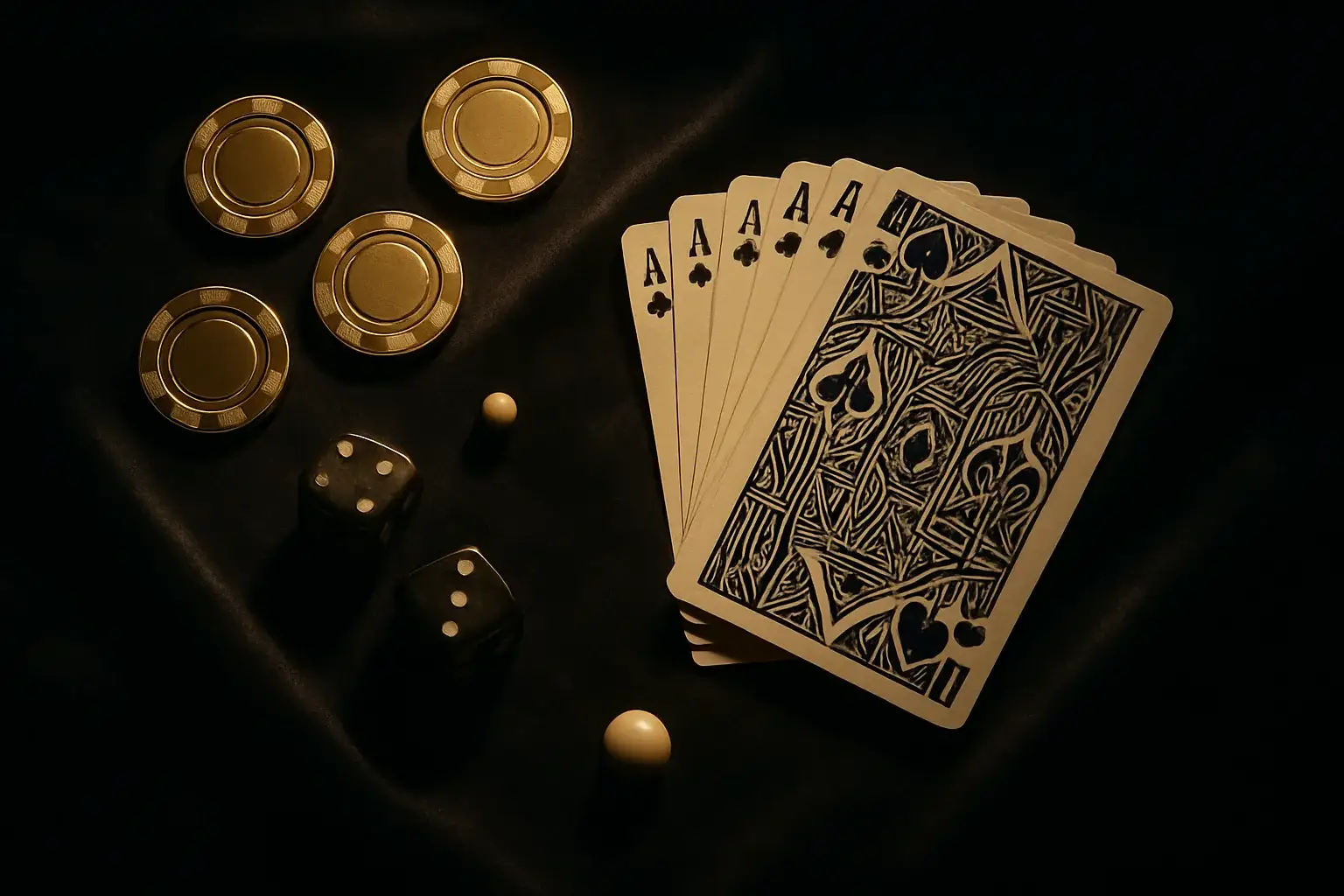 Golden casino chips, cards, dice, and roulette ball on velvet