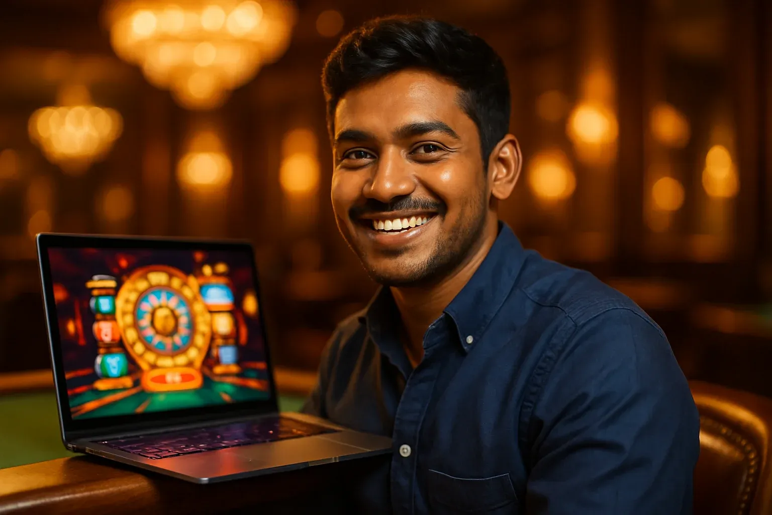 Cheerful Bangladeshi man with open laptop at premium casino lounge