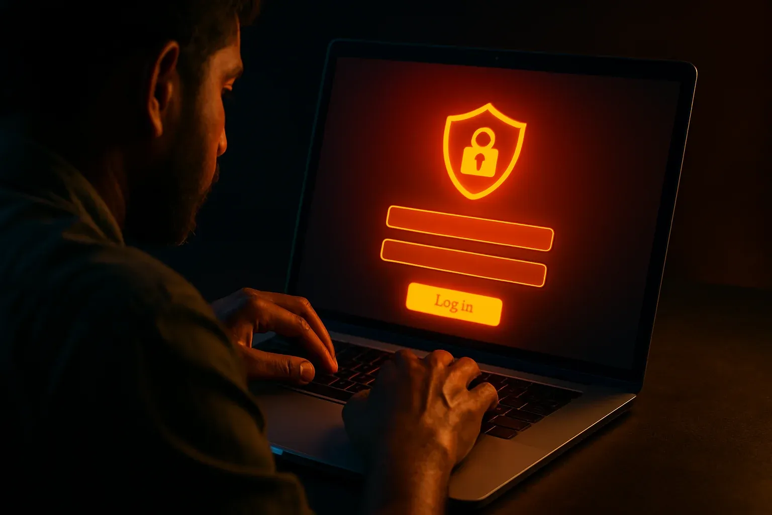 Bangladeshi man's hands on laptop showing stylized login form screen