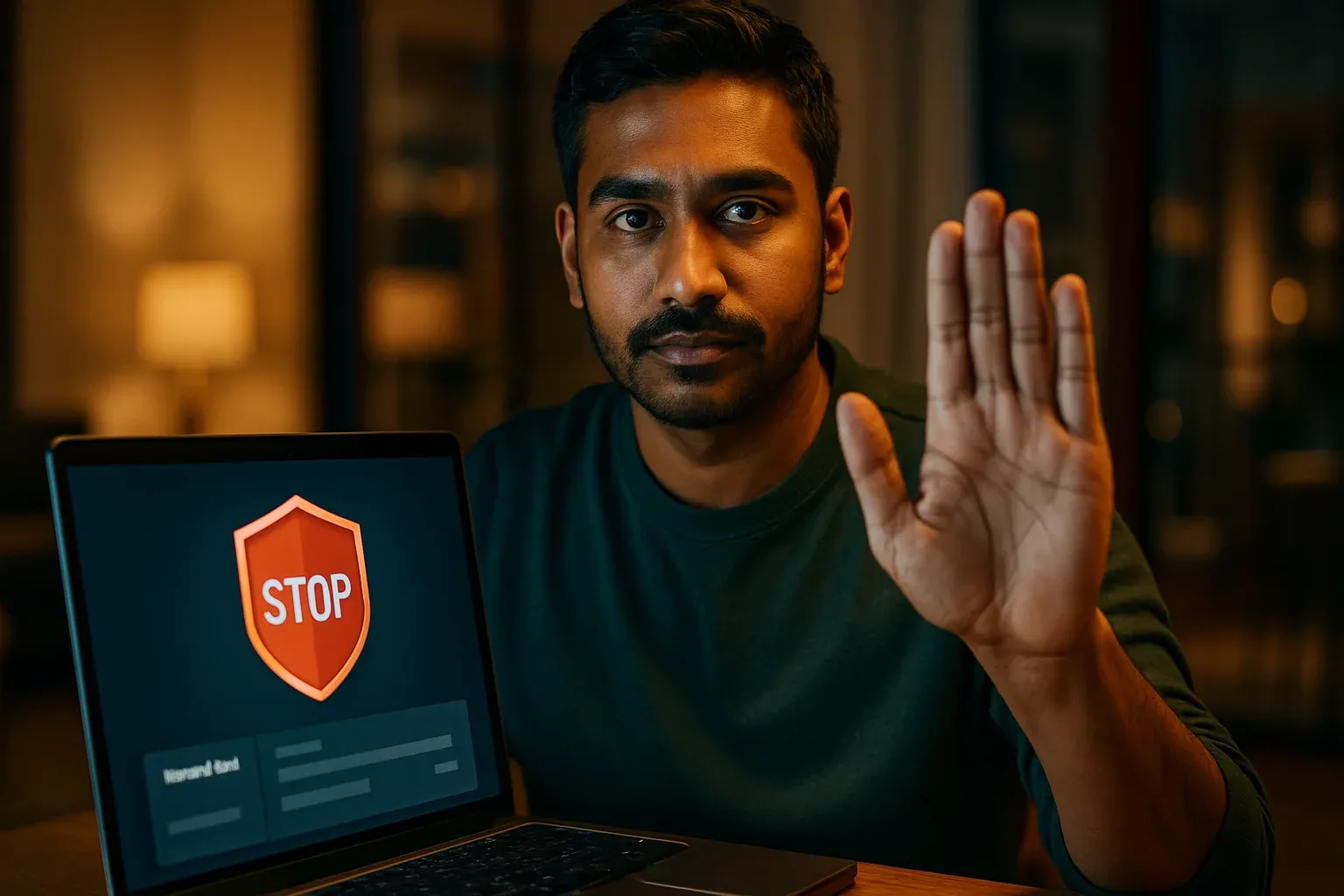 Bangladeshi man shows stop gesture beside laptop with responsible gambling screen