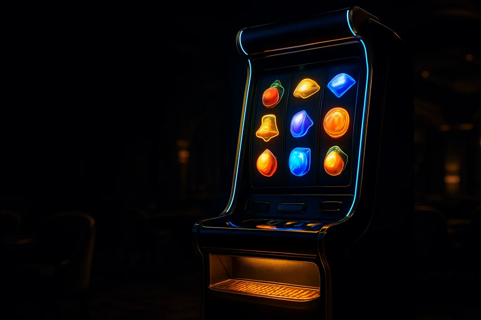Hyperrealistic premium slot machine with glowing reels in a dark luxury casino
